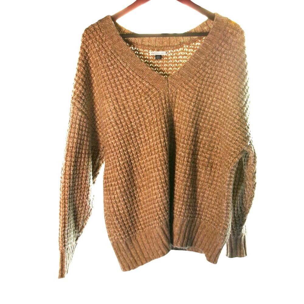 American Eagle Women's Small Brown Chunky Knit V Neck Sweater Pullover